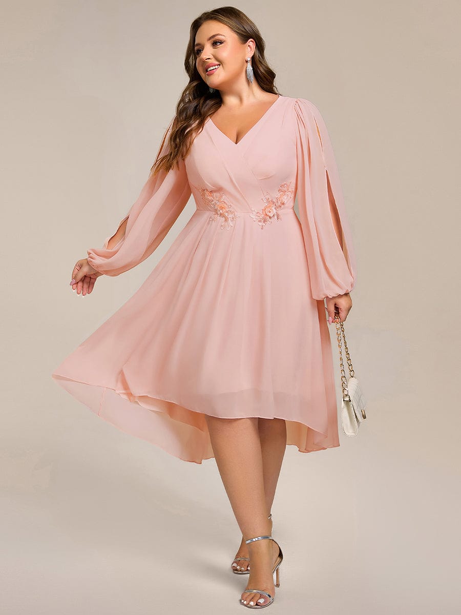 pretty AELINA|Plus Size Flowy Long Sleeves V-Neck Waist Applique Midi Chiffon Wedding Guest Dress