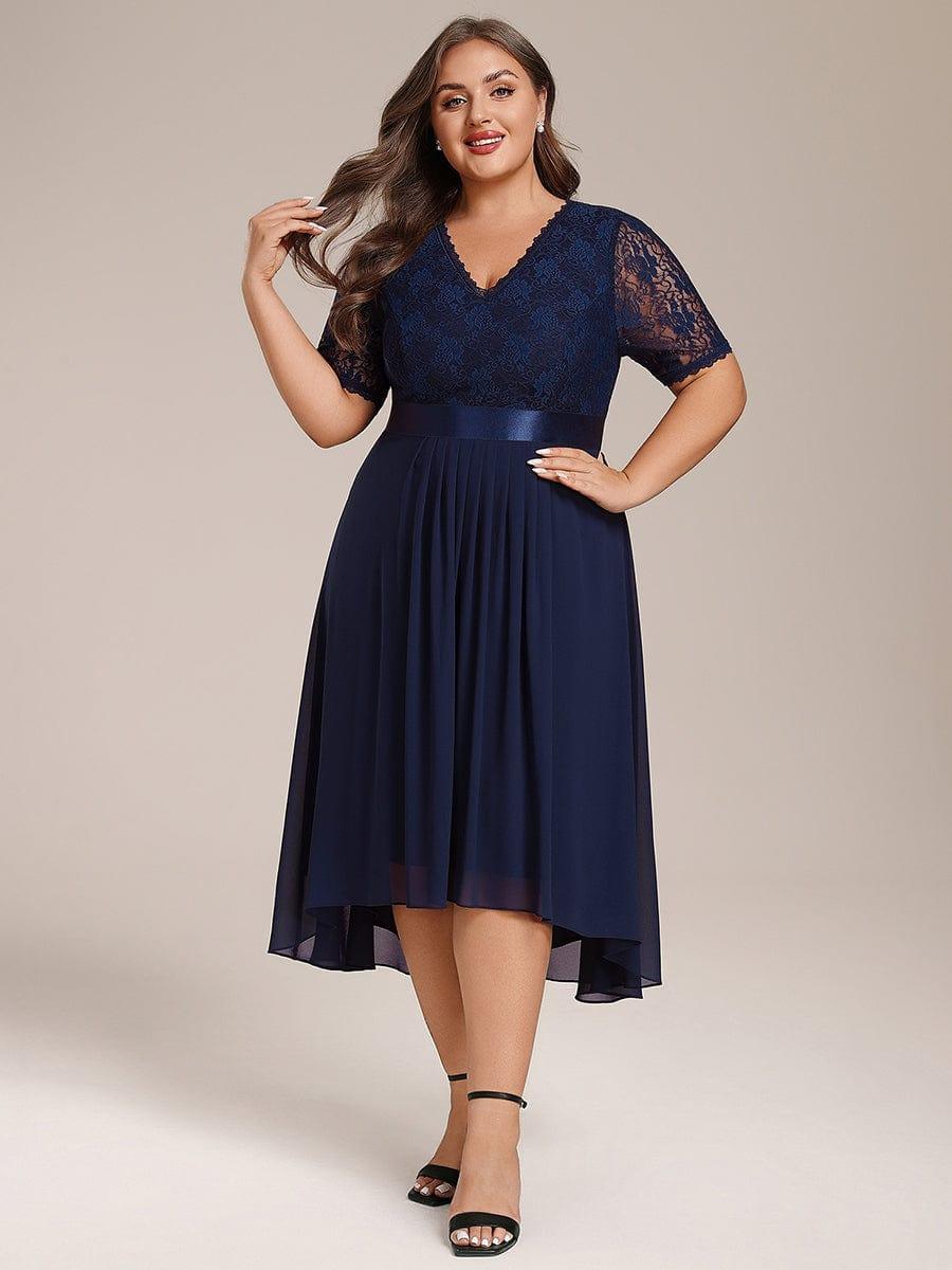 pretty JOLEN|Plus Size Half Sleeve Lace Pleated V-Neck Midi Wedding Guest Dress