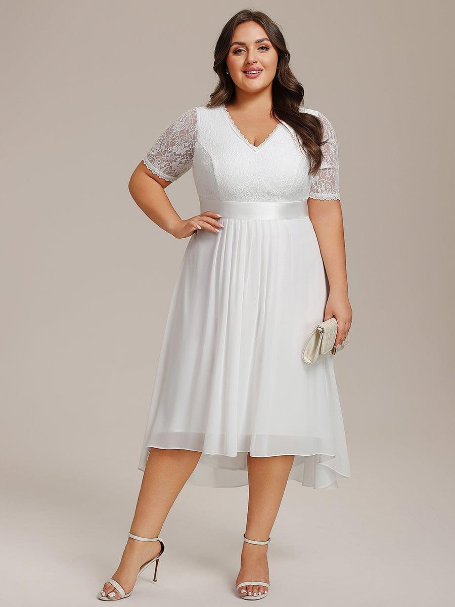pretty JOLEN|Plus Size Half Sleeve Lace Pleated V-Neck Midi Wedding Guest Dress