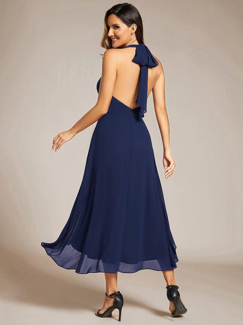 Lila | Lace-up Halterneck Backless High Low Wedding Guest Dress in Chiffon