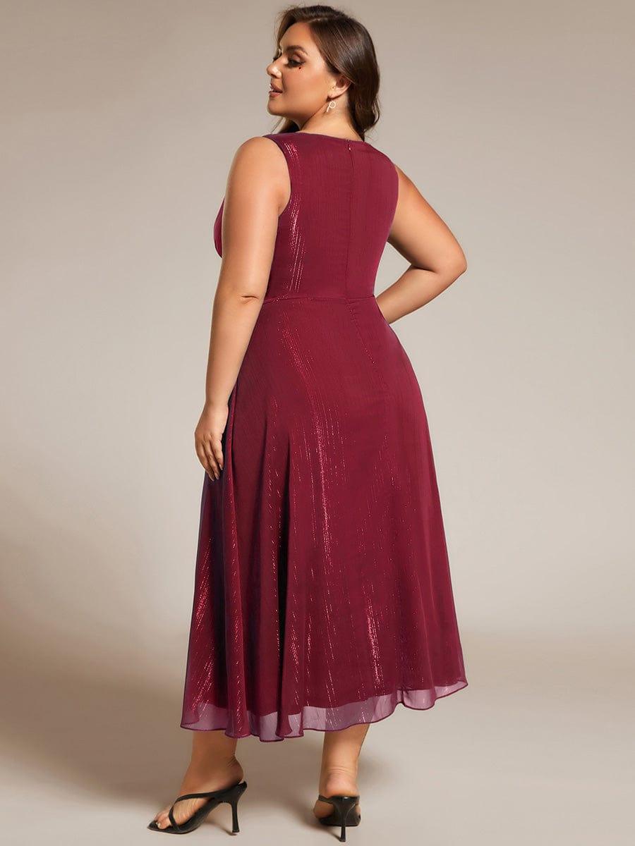 pretty MEI|Plus Size Sleeveless Glittery Ruffled V-Neck Midi Wedding Guest Dress