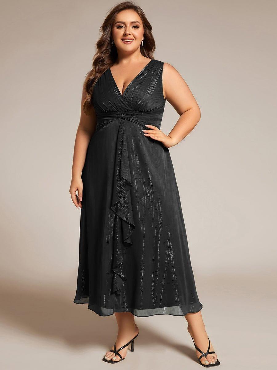 pretty MEI|Plus Size Sleeveless Glittery Ruffled V-Neck Midi Wedding Guest Dress