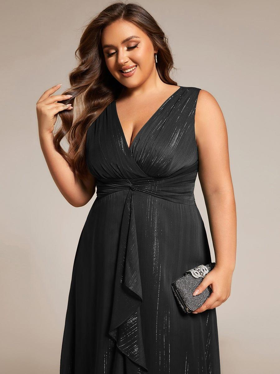 pretty MEI|Plus Size Sleeveless Glittery Ruffled V-Neck Midi Wedding Guest Dress