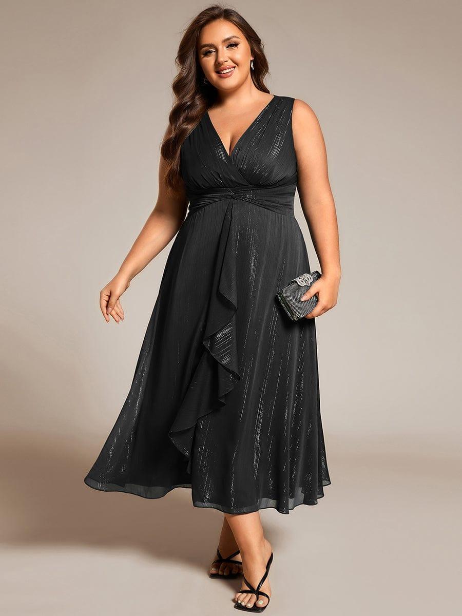 pretty MEI|Plus Size Sleeveless Glittery Ruffled V-Neck Midi Wedding Guest Dress