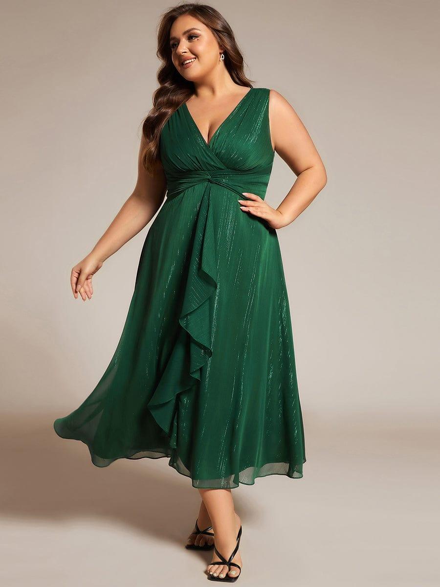 pretty MEI|Plus Size Sleeveless Glittery Ruffled V-Neck Midi Wedding Guest Dress