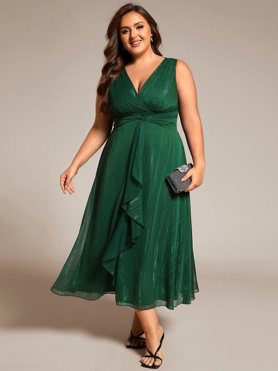 pretty MEI|Plus Size Sleeveless Glittery Ruffled V-Neck Midi Wedding Guest Dress