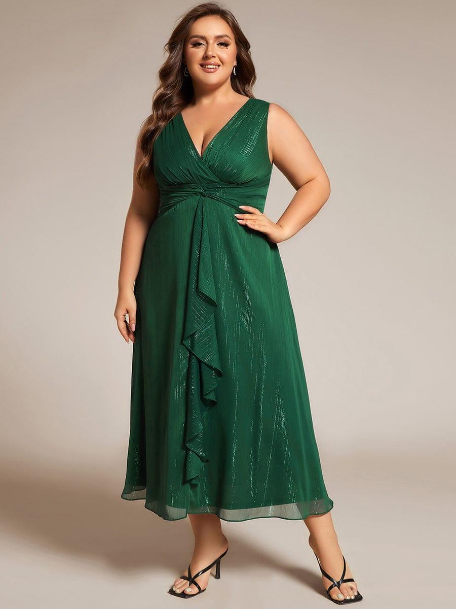 pretty MEI|Plus Size Sleeveless Glittery Ruffled V-Neck Midi Wedding Guest Dress