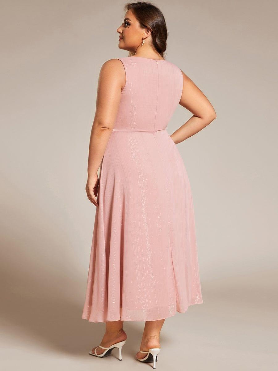 pretty MEI|Plus Size Sleeveless Glittery Ruffled V-Neck Midi Wedding Guest Dress