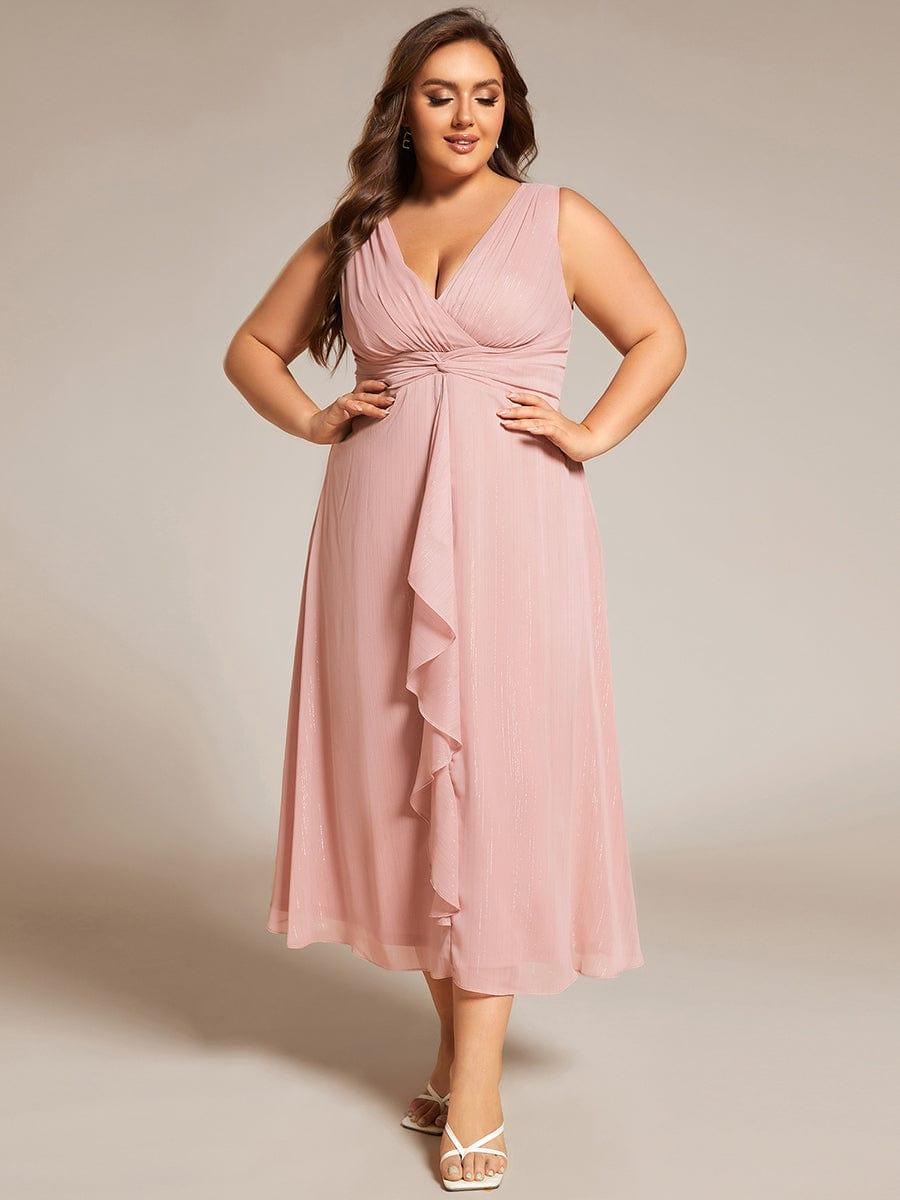 pretty MEI|Plus Size Sleeveless Glittery Ruffled V-Neck Midi Wedding Guest Dress