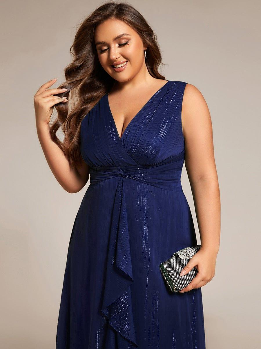 pretty MEI|Plus Size Sleeveless Glittery Ruffled V-Neck Midi Wedding Guest Dress
