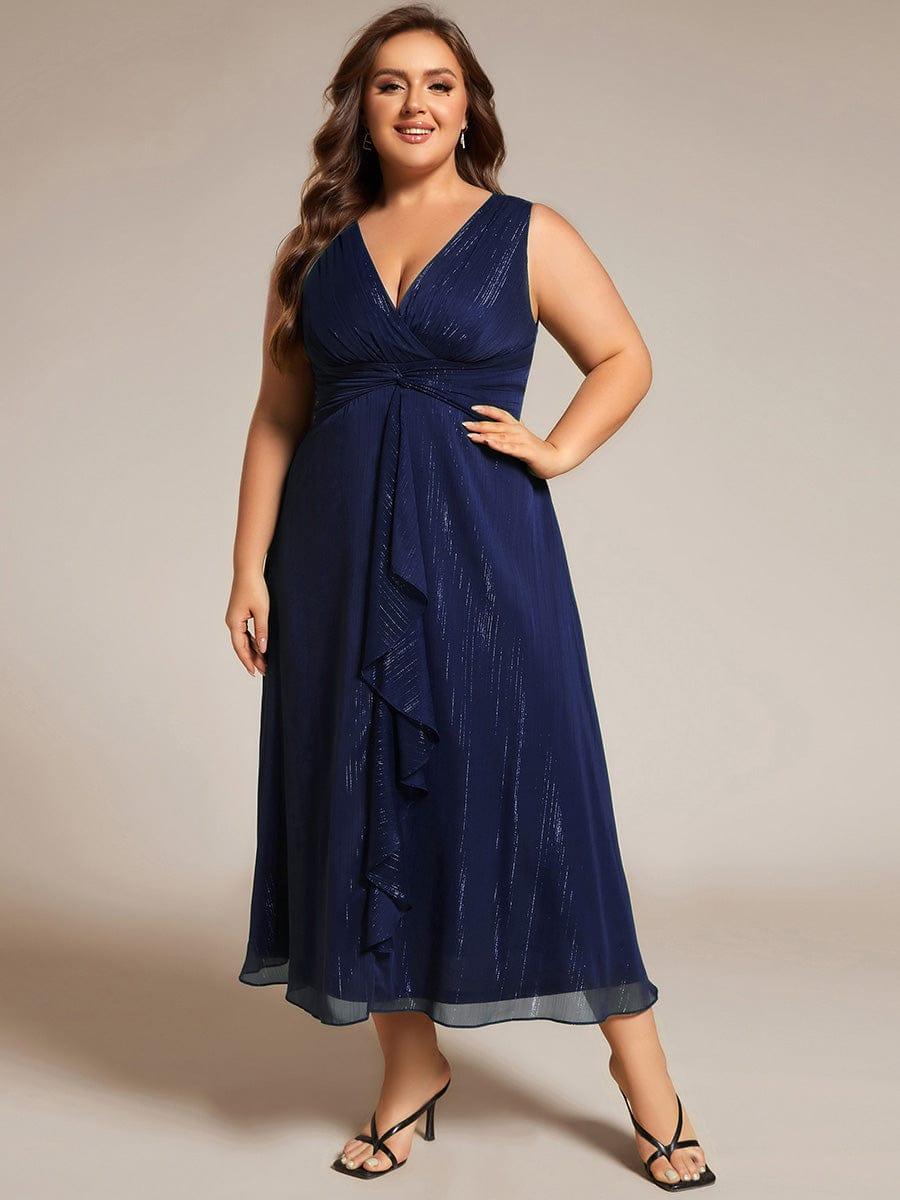 pretty MEI|Plus Size Sleeveless Glittery Ruffled V-Neck Midi Wedding Guest Dress