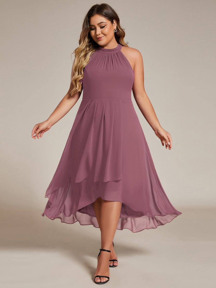 pretty POSIE|Flowy Plus Size Halter Neck Chiffon Midi Wedding Guest Dress