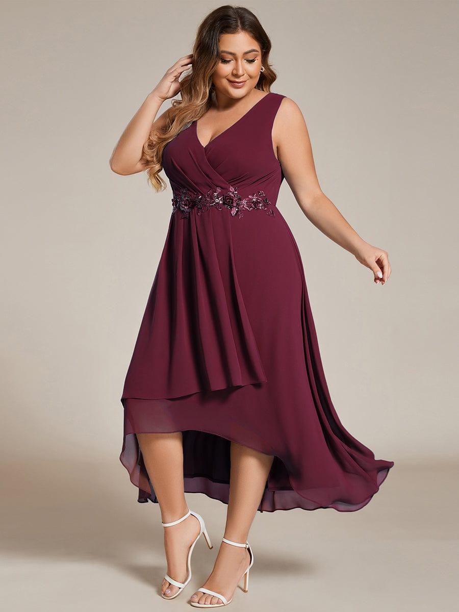 pretty IRYS|Sleeveless V-Neck High Low Plus Size Wedding Guest Dress with Floral Applique