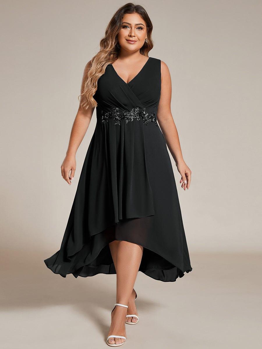 pretty IRYS|Sleeveless V-Neck High Low Plus Size Wedding Guest Dress with Floral Applique