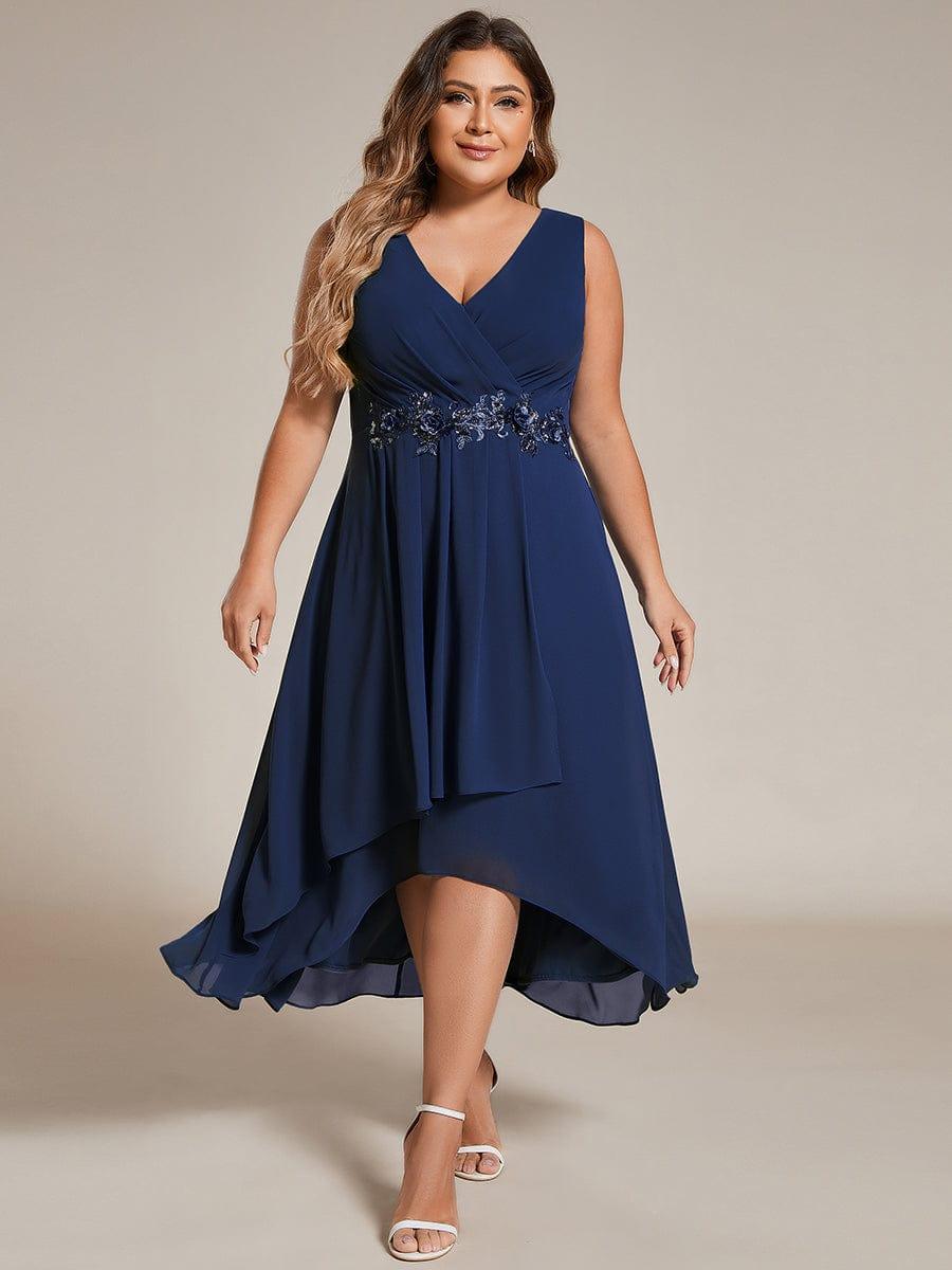 pretty IRYS|Sleeveless V-Neck High Low Plus Size Wedding Guest Dress with Floral Applique