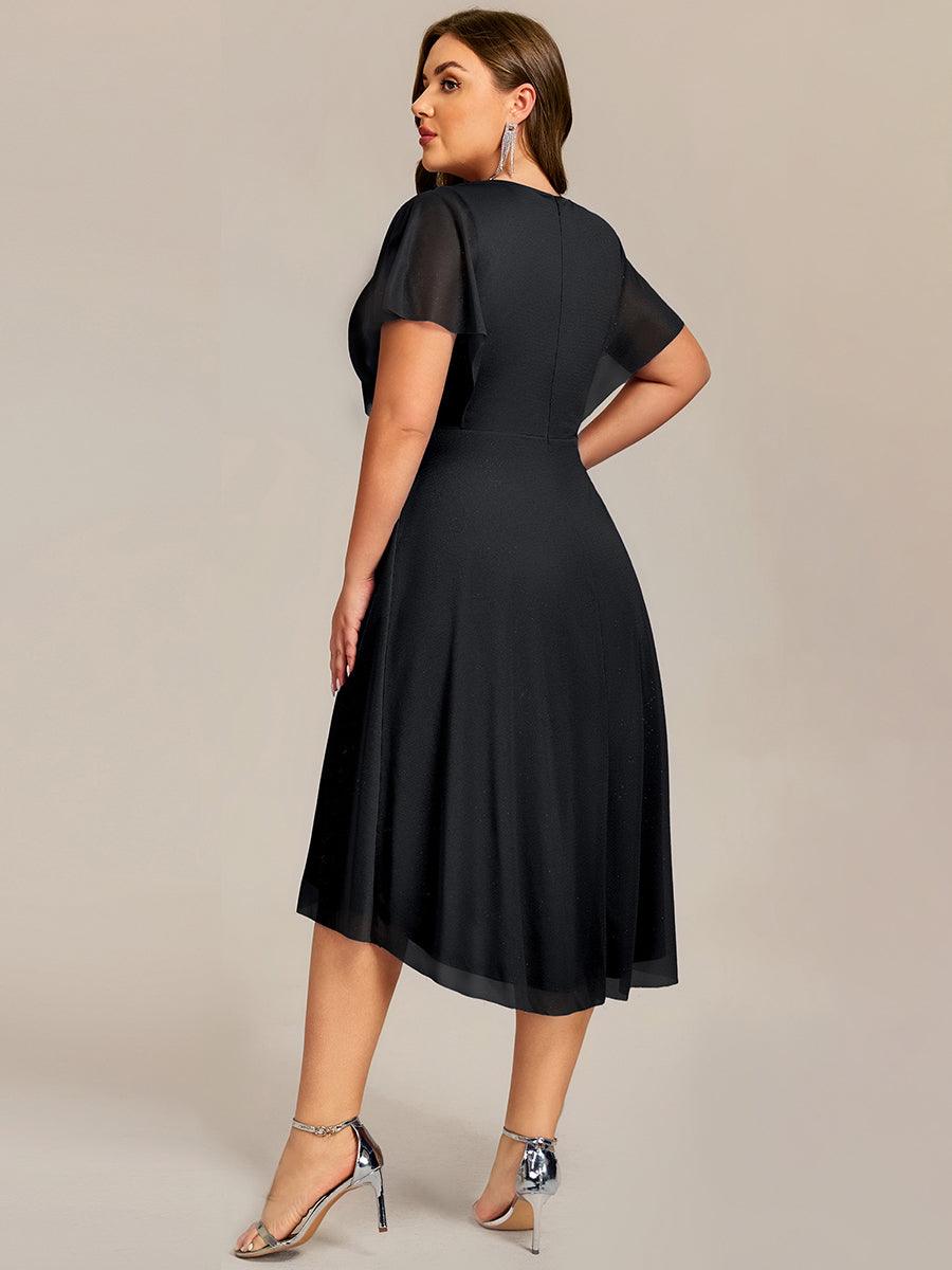 pretty DANNA|Plus Size Short Sleeve Asymmetrical Hem V-Neck Applique Wedding Guest Dress