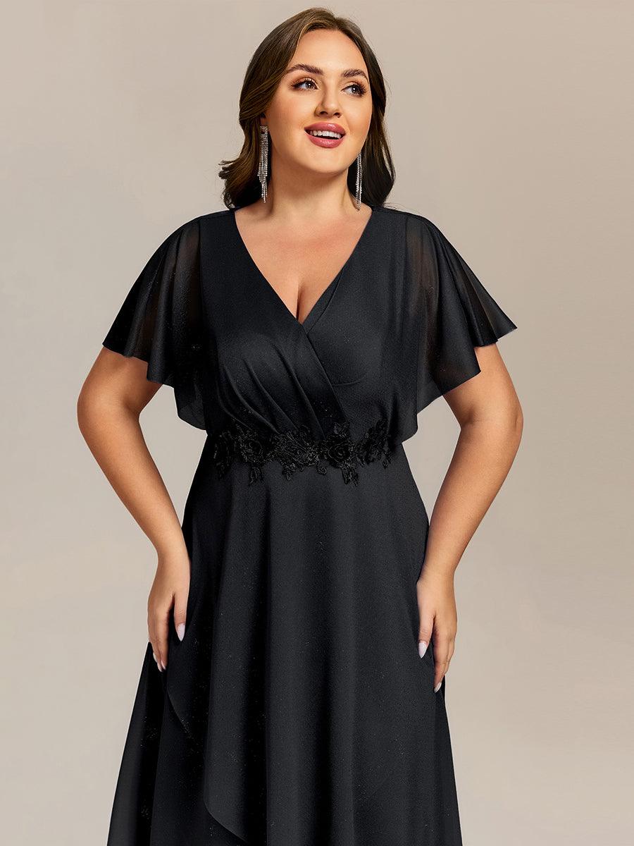 pretty DANNA|Plus Size Short Sleeve Asymmetrical Hem V-Neck Applique Wedding Guest Dress
