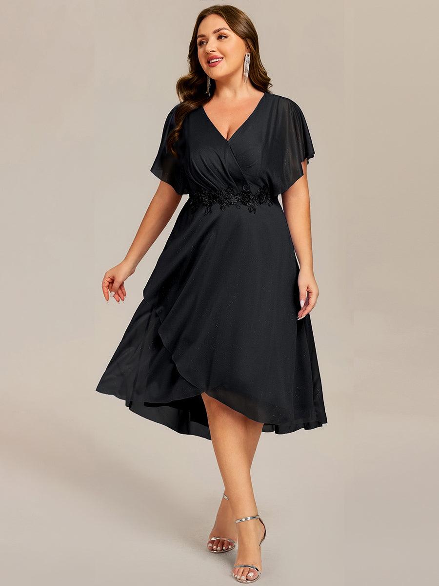 pretty DANNA|Plus Size Short Sleeve Asymmetrical Hem V-Neck Applique Wedding Guest Dress