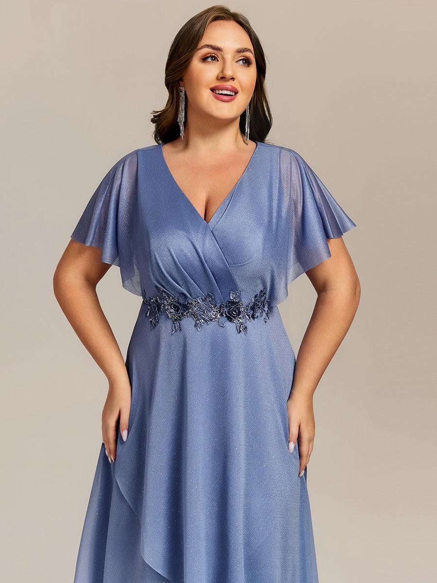 pretty DANNA|Plus Size Short Sleeve Asymmetrical Hem V-Neck Applique Wedding Guest Dress
