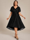 pretty TATE|Plus Size Short Sleeve Pleated Ruffles Sequin A-Line Midi Wedding Guest Dress