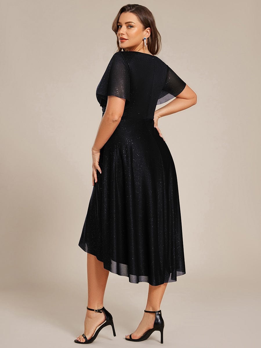 pretty TATE|Plus Size Short Sleeve Pleated Ruffles Sequin A-Line Midi Wedding Guest Dress