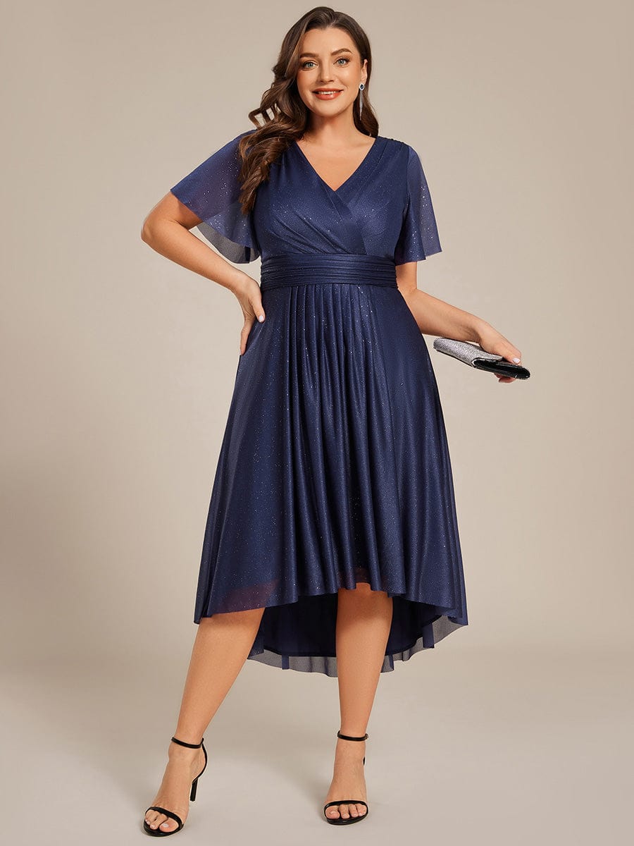 pretty TATE|Plus Size Short Sleeve Pleated Ruffles Sequin A-Line Midi Wedding Guest Dress