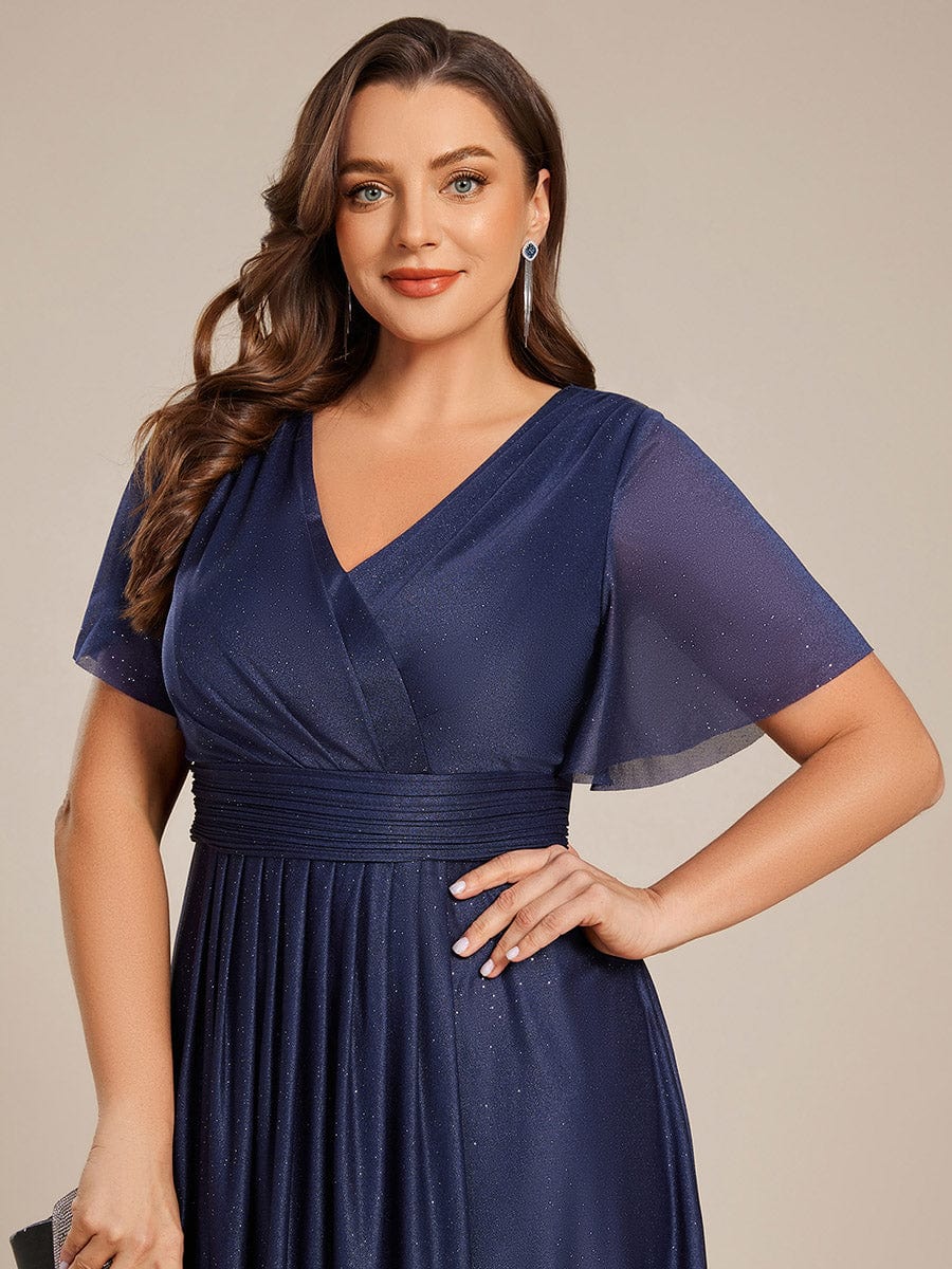 pretty TATE|Plus Size Short Sleeve Pleated Ruffles Sequin A-Line Midi Wedding Guest Dress