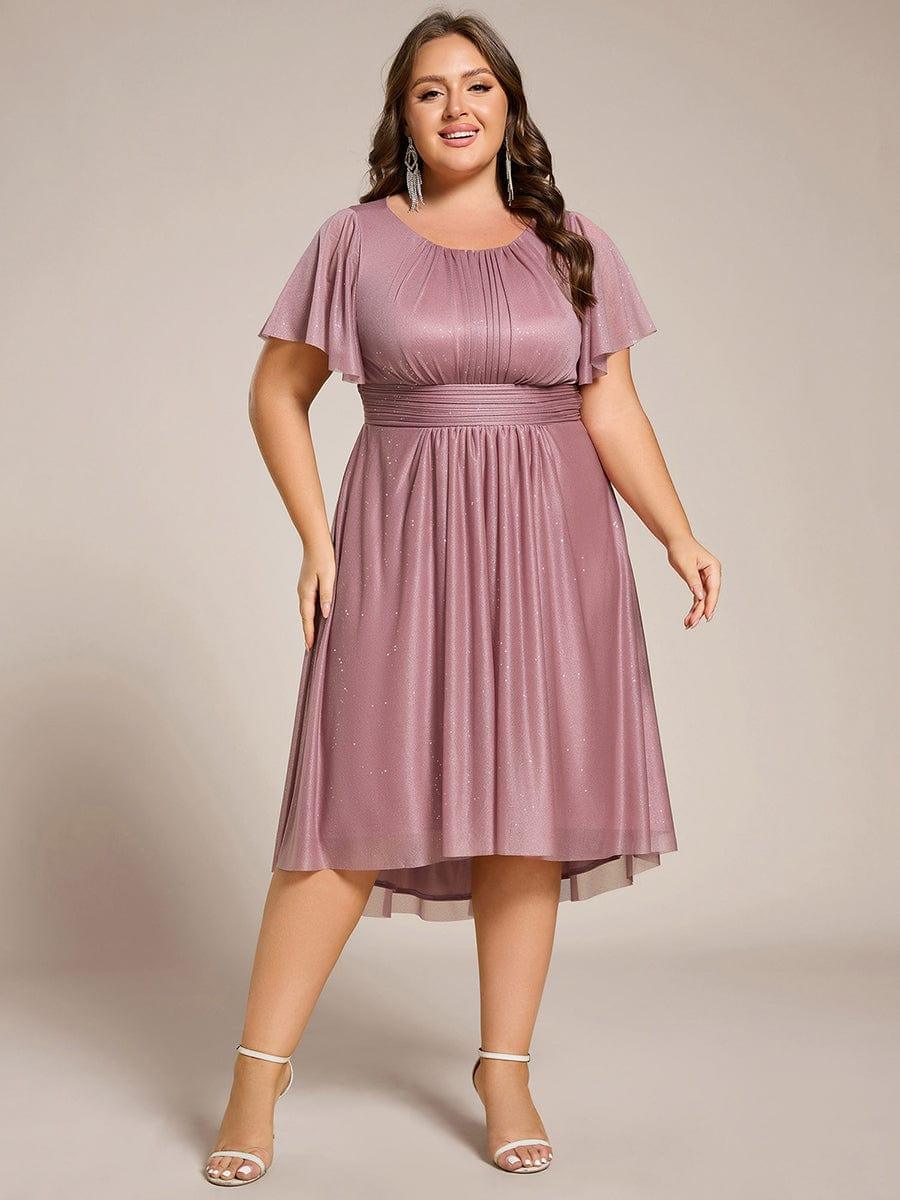 pretty CLARYN|Plus Size Sequin Round Neck Asymmetrical Midi Wedding Guest Dress