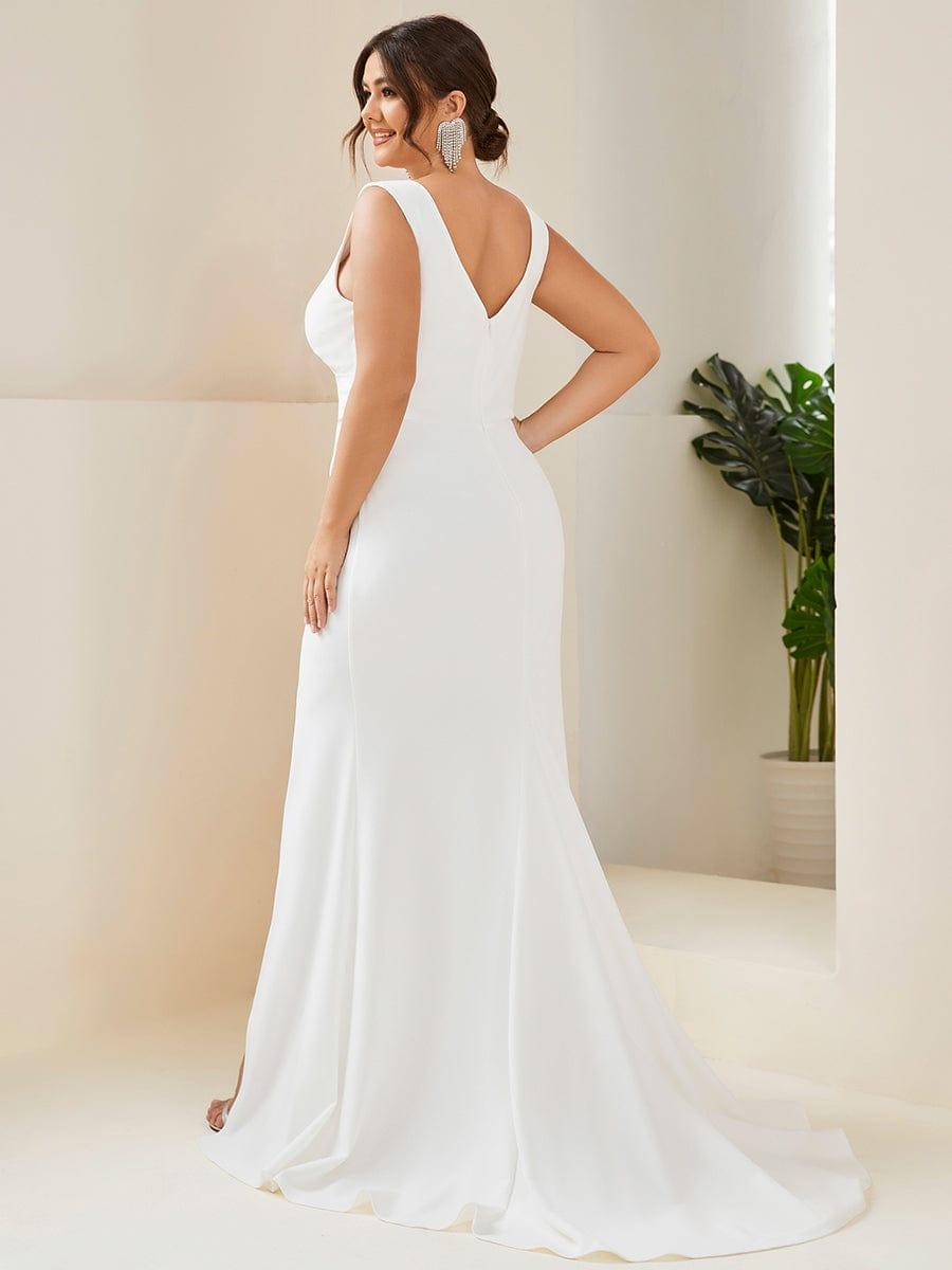 pretty ARDEN|Plus Size Deep V-Neck Sleeveless High Slit Simple Wedding Dress