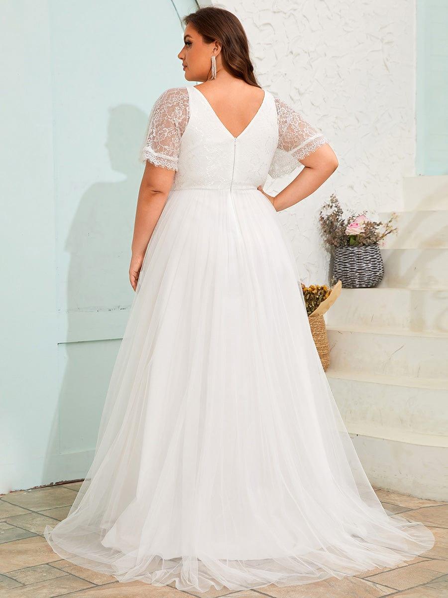LUSARA'S BRIDE|V-Neck Tulle Wedding Dresses with Lace Short Sleeves