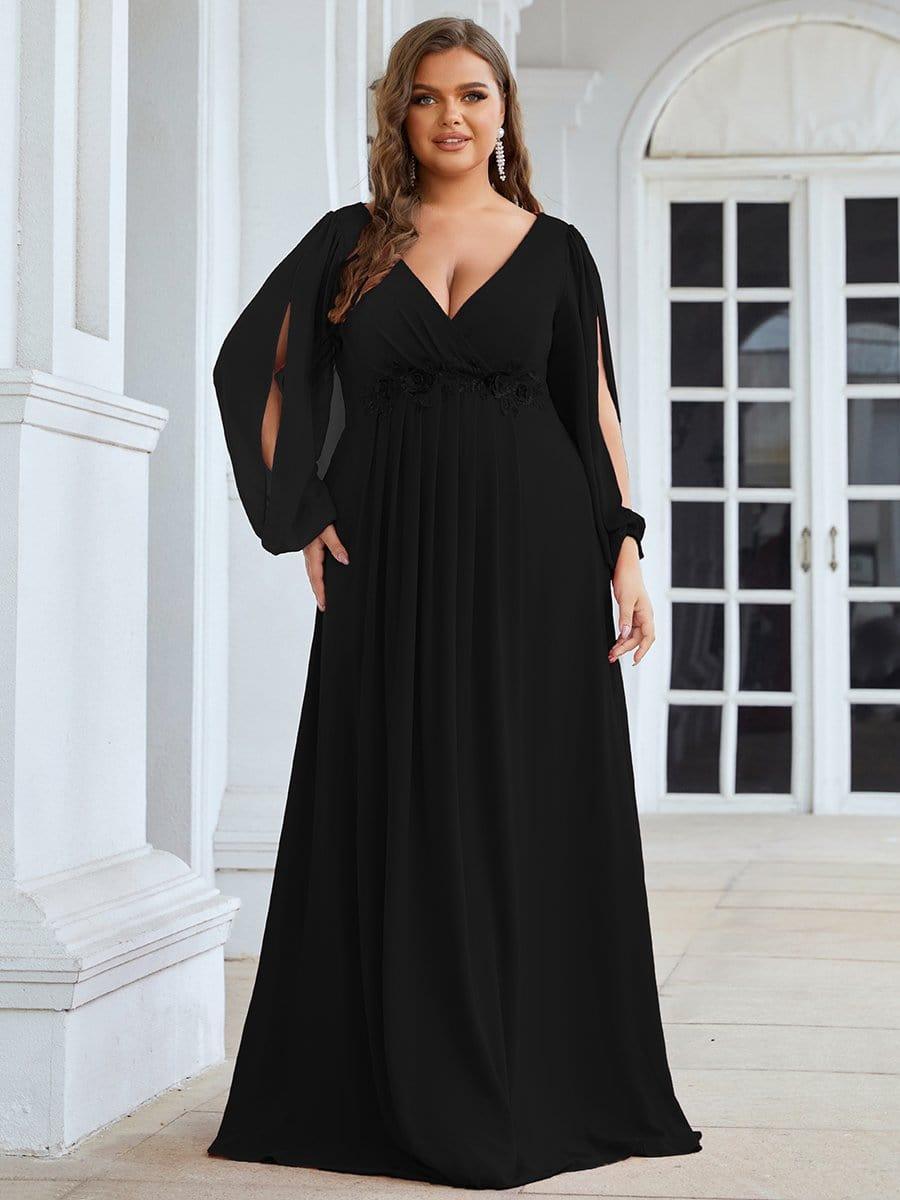 pretty AMOUR|Stylish Plus Size Chiffon Formal Evening Dresses with Long Lantern Sleeves