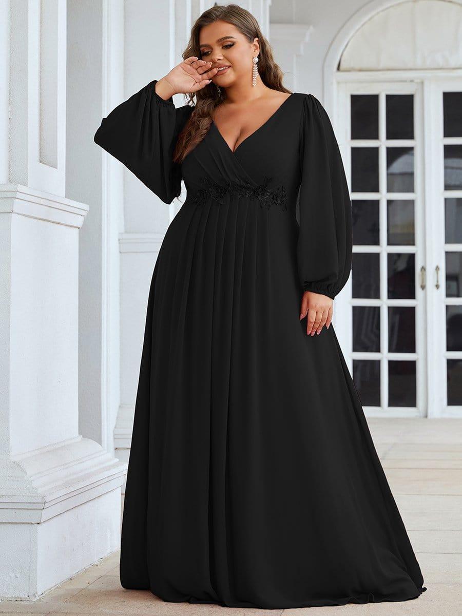 pretty AMOUR|Stylish Plus Size Chiffon Formal Evening Dresses with Long Lantern Sleeves