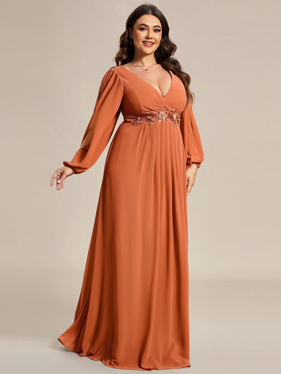 pretty AMOUR|Stylish Plus Size Chiffon Formal Evening Dresses with Long Lantern Sleeves
