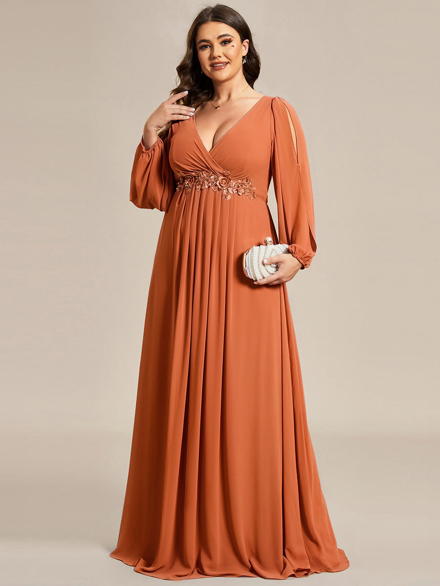 pretty AMOUR|Stylish Plus Size Chiffon Formal Evening Dresses with Long Lantern Sleeves