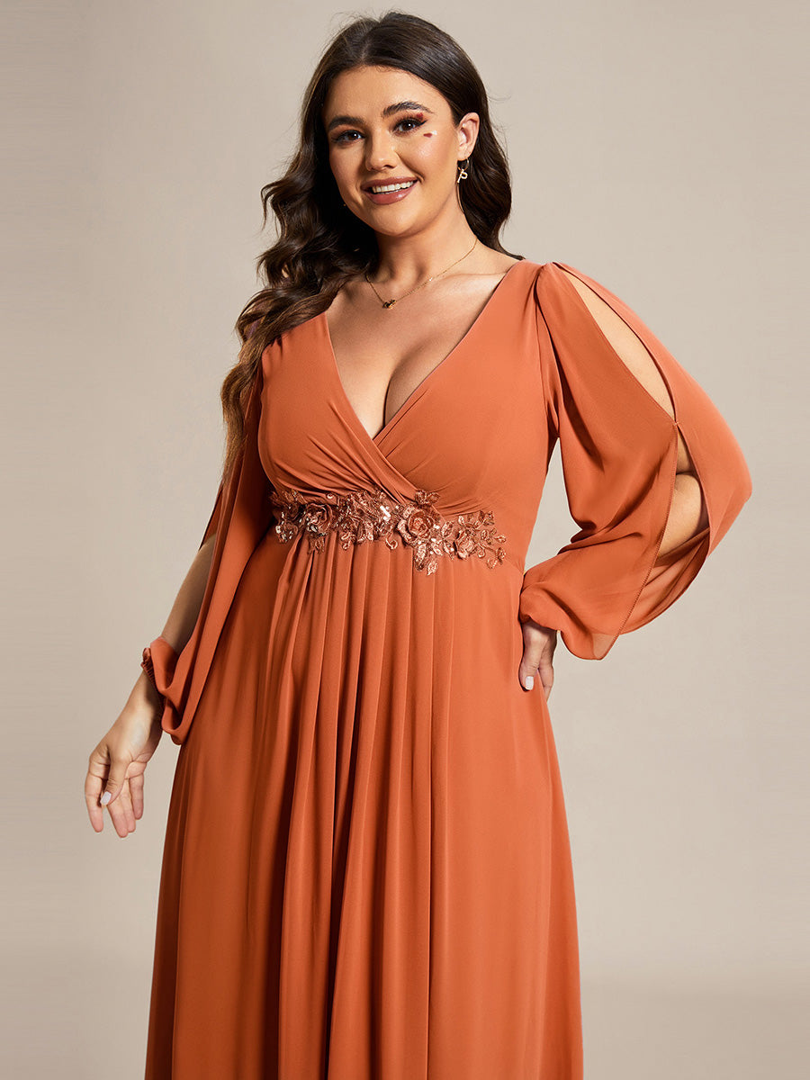 pretty AMOUR|Stylish Plus Size Chiffon Formal Evening Dresses with Long Lantern Sleeves