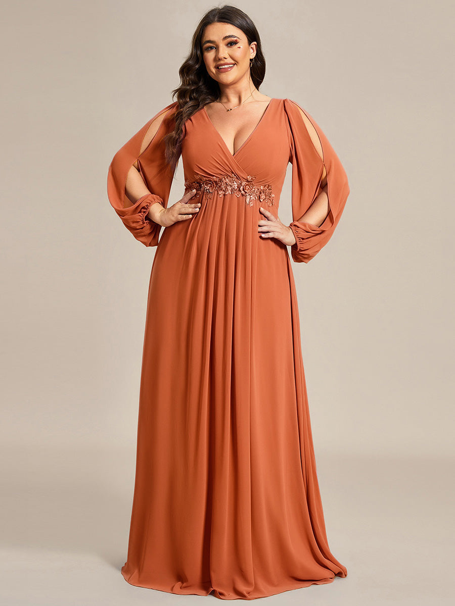 pretty AMOUR|Stylish Plus Size Chiffon Formal Evening Dresses with Long Lantern Sleeves