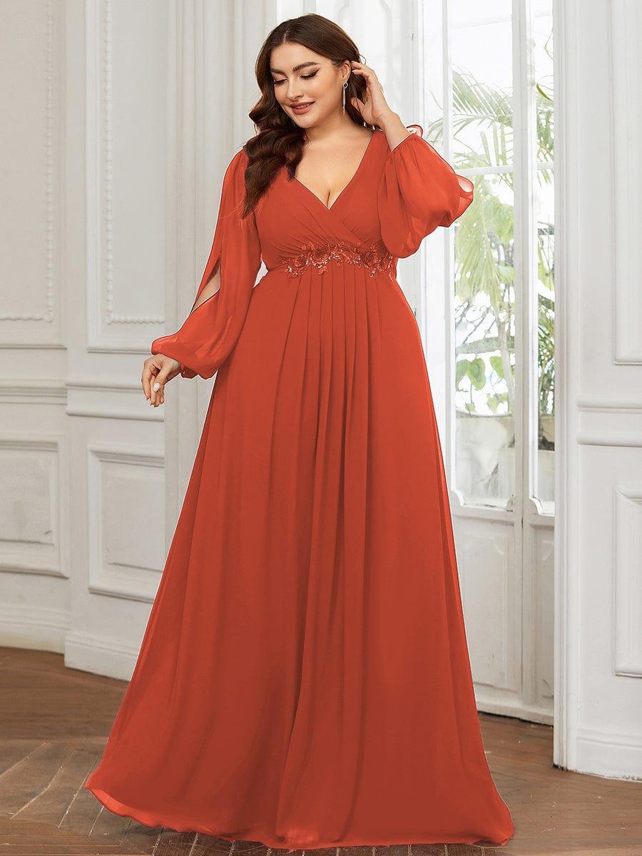 pretty AMOUR|Stylish Plus Size Chiffon Formal Evening Dresses with Long Lantern Sleeves