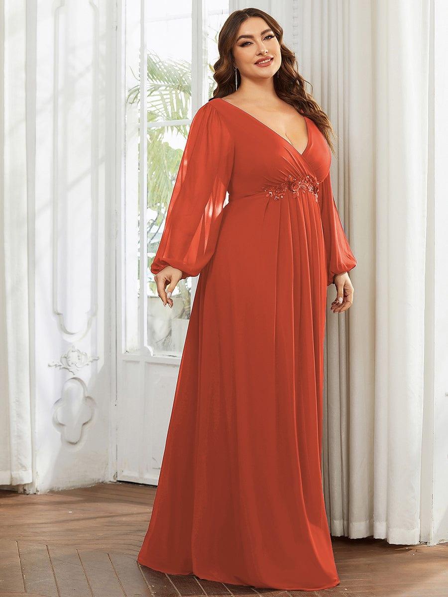 pretty AMOUR|Stylish Plus Size Chiffon Formal Evening Dresses with Long Lantern Sleeves