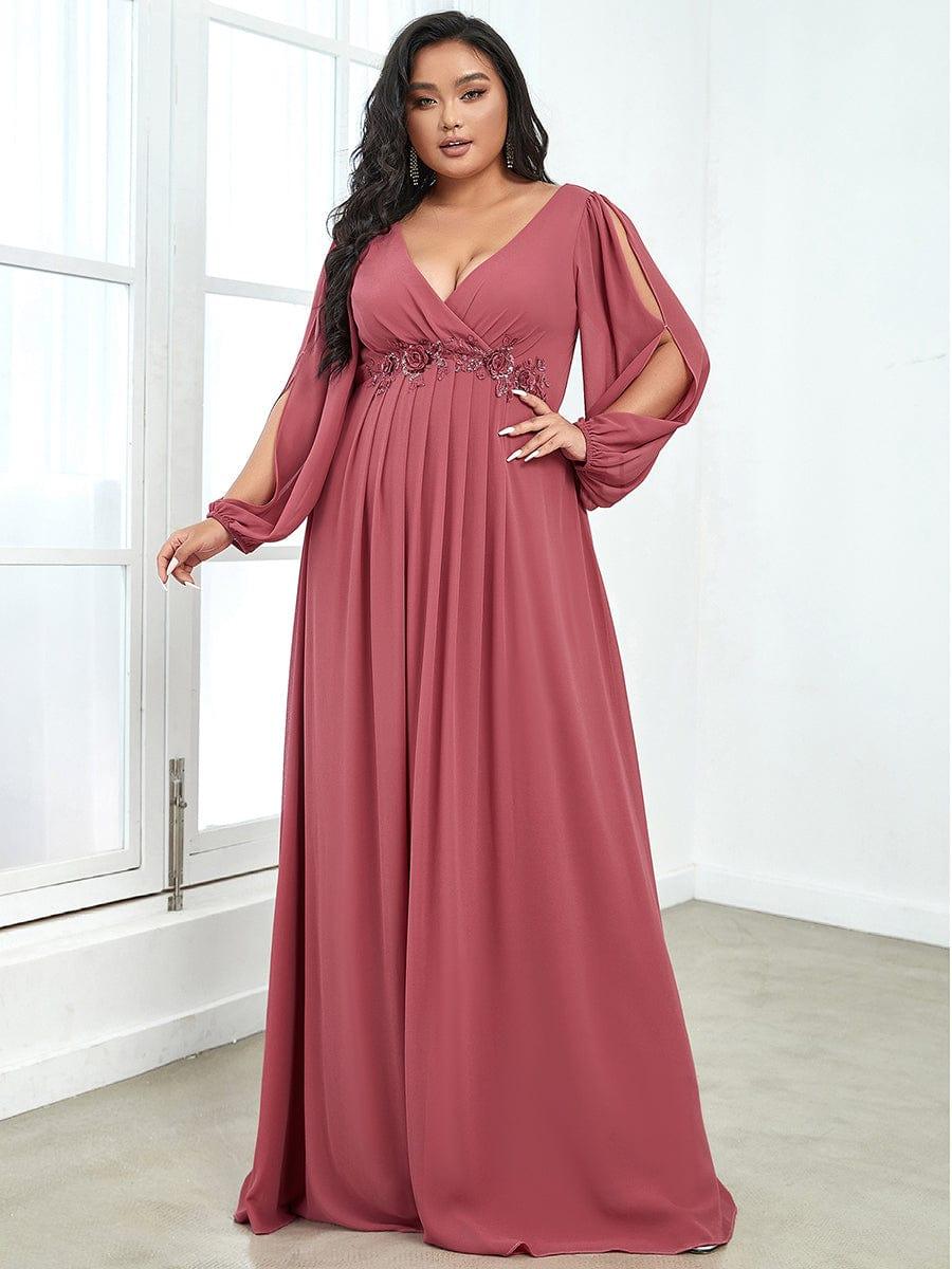 pretty AMOUR|Stylish Plus Size Chiffon Formal Evening Dresses with Long Lantern Sleeves