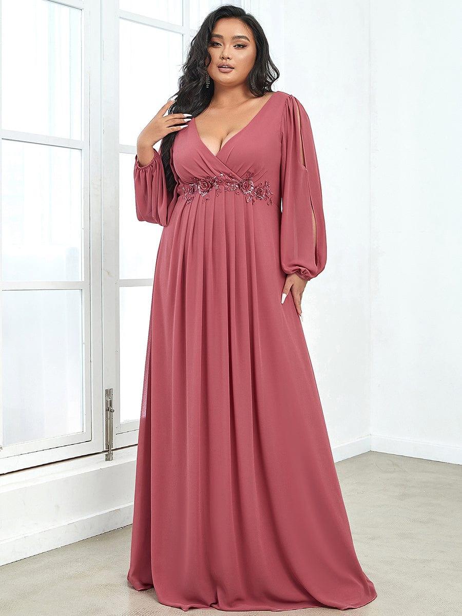 pretty AMOUR|Stylish Plus Size Chiffon Formal Evening Dresses with Long Lantern Sleeves
