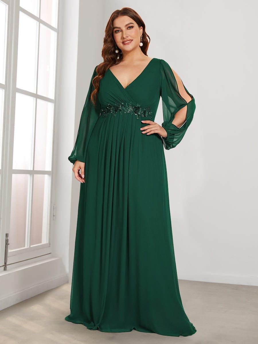 pretty AMOUR|Stylish Plus Size Chiffon Formal Evening Dresses with Long Lantern Sleeves