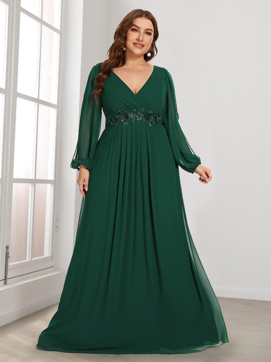 pretty AMOUR|Stylish Plus Size Chiffon Formal Evening Dresses with Long Lantern Sleeves