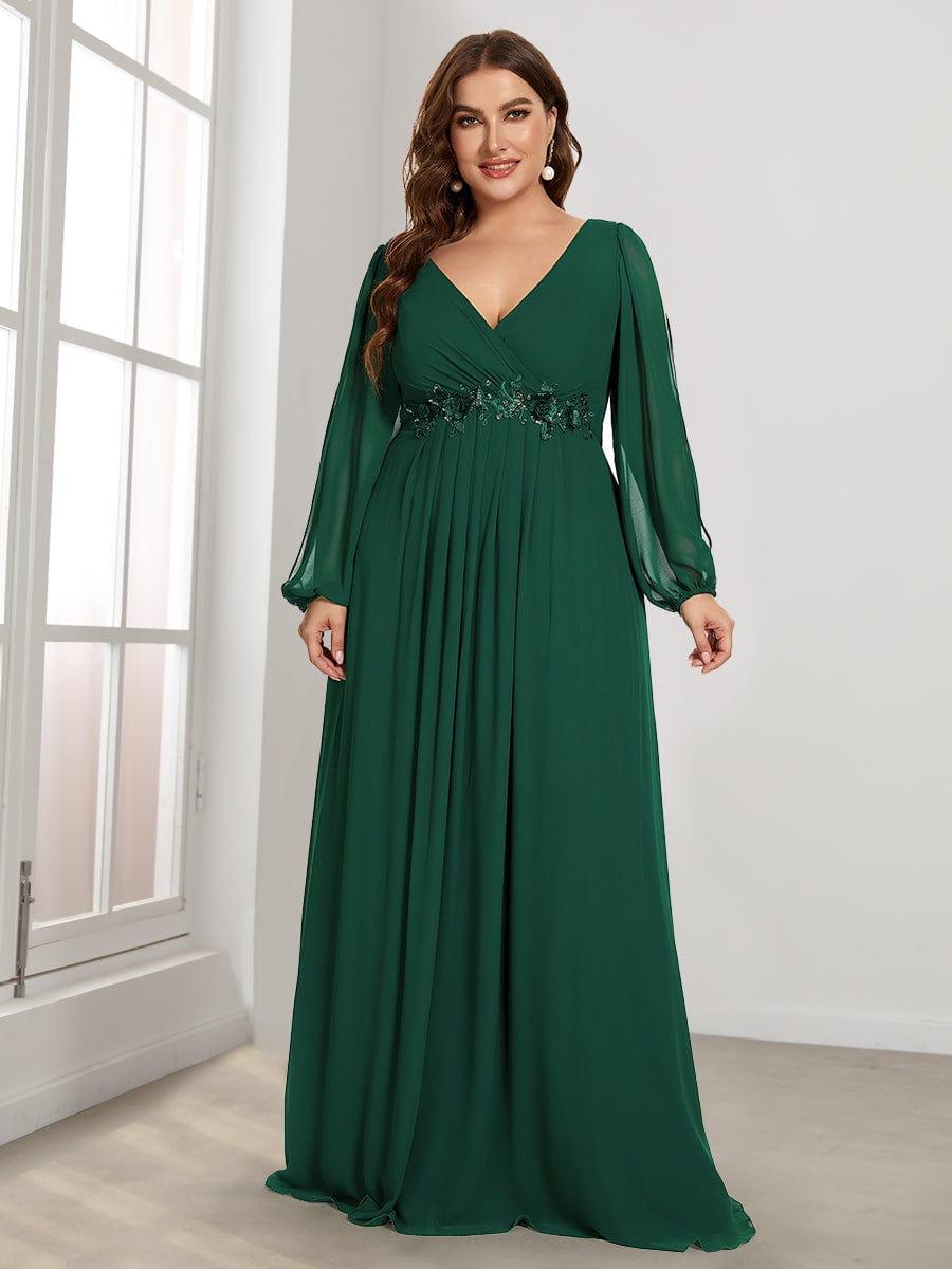 pretty AMOUR|Stylish Plus Size Chiffon Formal Evening Dresses with Long Lantern Sleeves