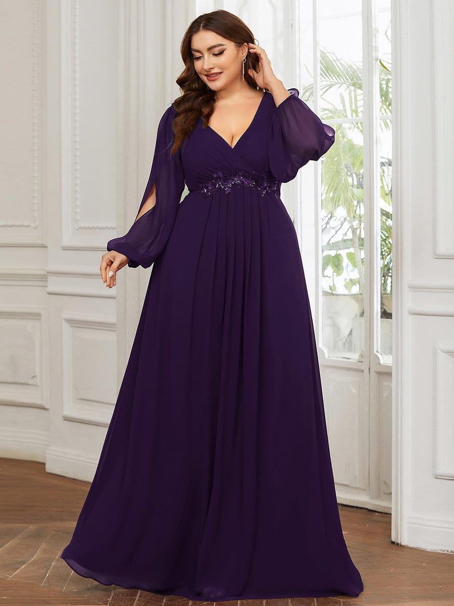 pretty AMOUR|Stylish Plus Size Chiffon Formal Evening Dresses with Long Lantern Sleeves