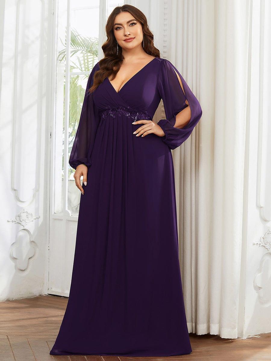 pretty AMOUR|Stylish Plus Size Chiffon Formal Evening Dresses with Long Lantern Sleeves