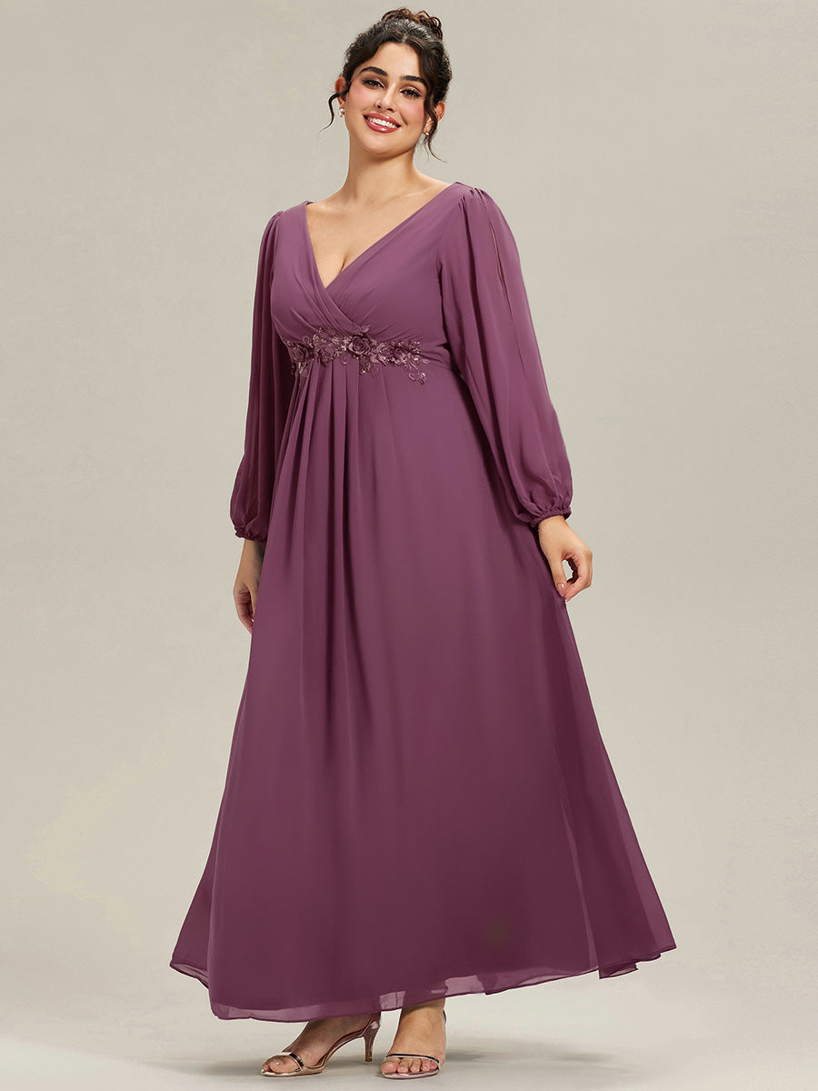pretty AMOUR|Stylish Plus Size Chiffon Formal Evening Dresses with Long Lantern Sleeves