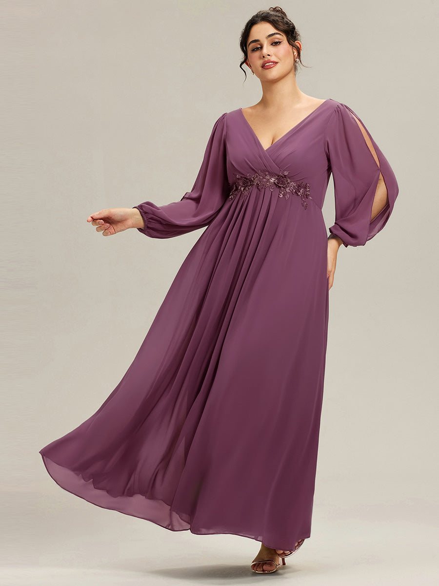 pretty AMOUR|Stylish Plus Size Chiffon Formal Evening Dresses with Long Lantern Sleeves