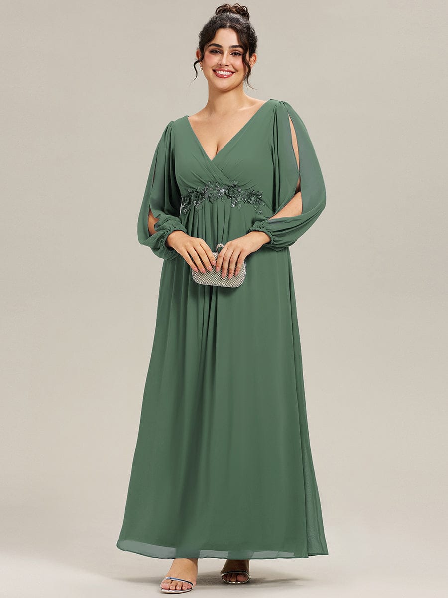 pretty AMOUR|Stylish Plus Size Chiffon Formal Evening Dresses with Long Lantern Sleeves