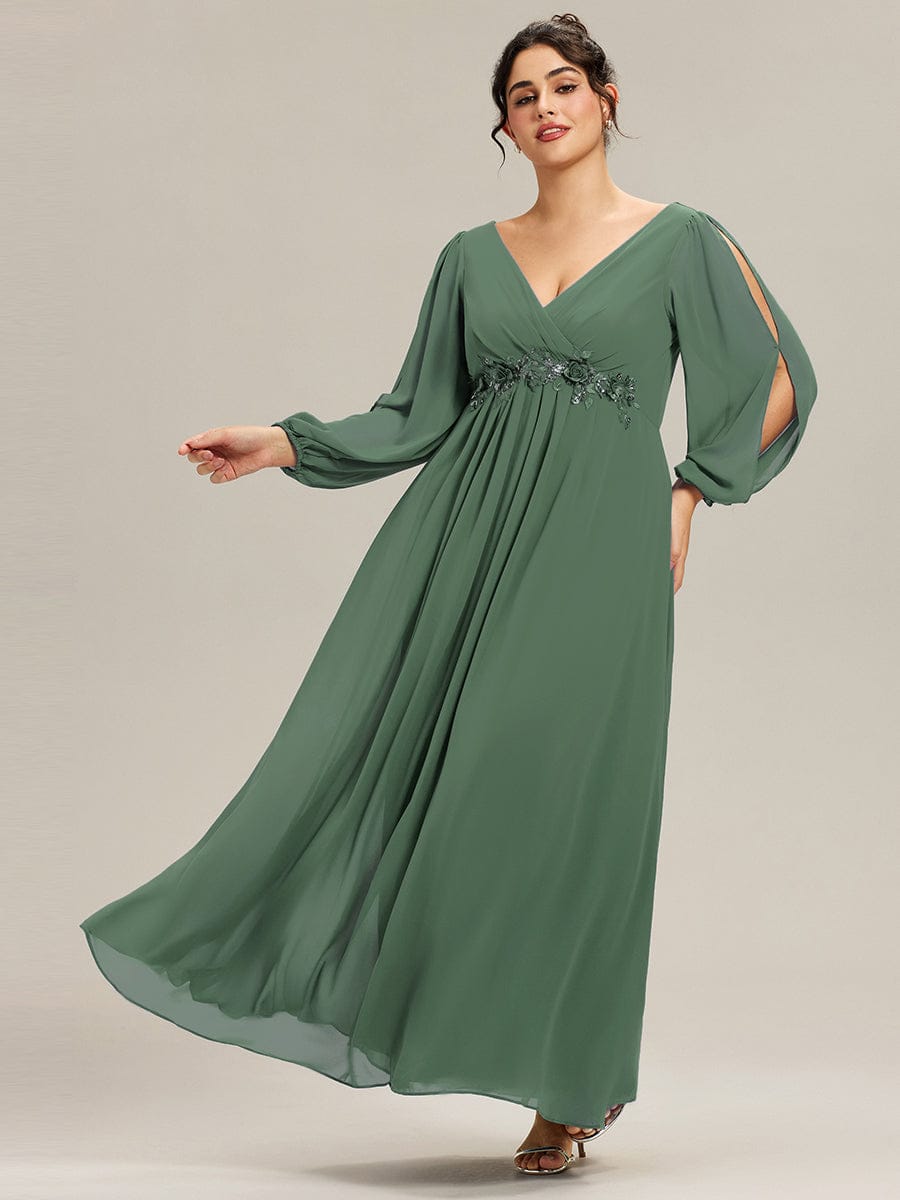 pretty AMOUR|Stylish Plus Size Chiffon Formal Evening Dresses with Long Lantern Sleeves
