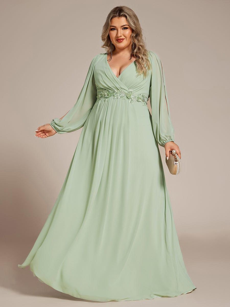 pretty AMOUR|Stylish Plus Size Chiffon Formal Evening Dresses with Long Lantern Sleeves